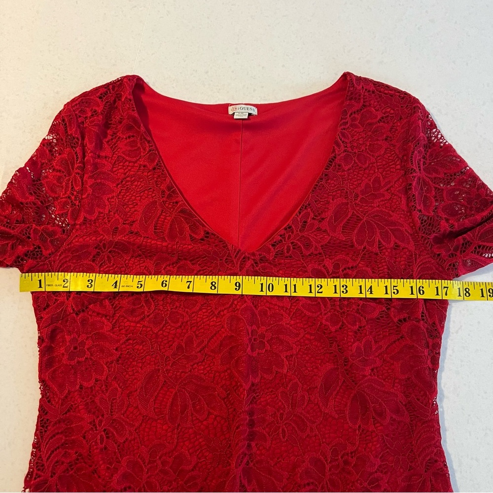 Guess Women Lace Red Dress with Metallic Brand Tag ( Guess) V-Neck 3/4 Sleeves - Picture 9 of 15
